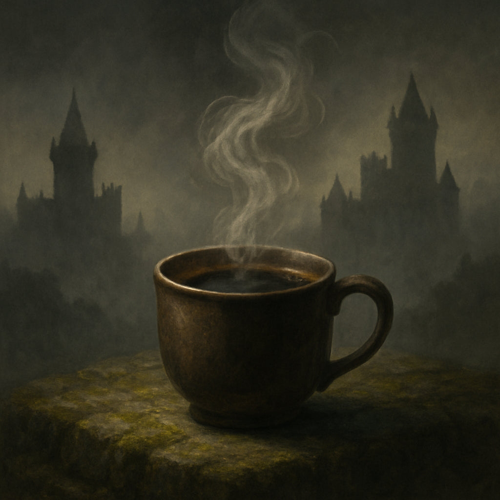 A steaming mug of dark roast coffee on a mossy stone table, mist curling upward, surrounded by faint silhouettes of ancient castles. Alt: Dark roast coffee fantasy image